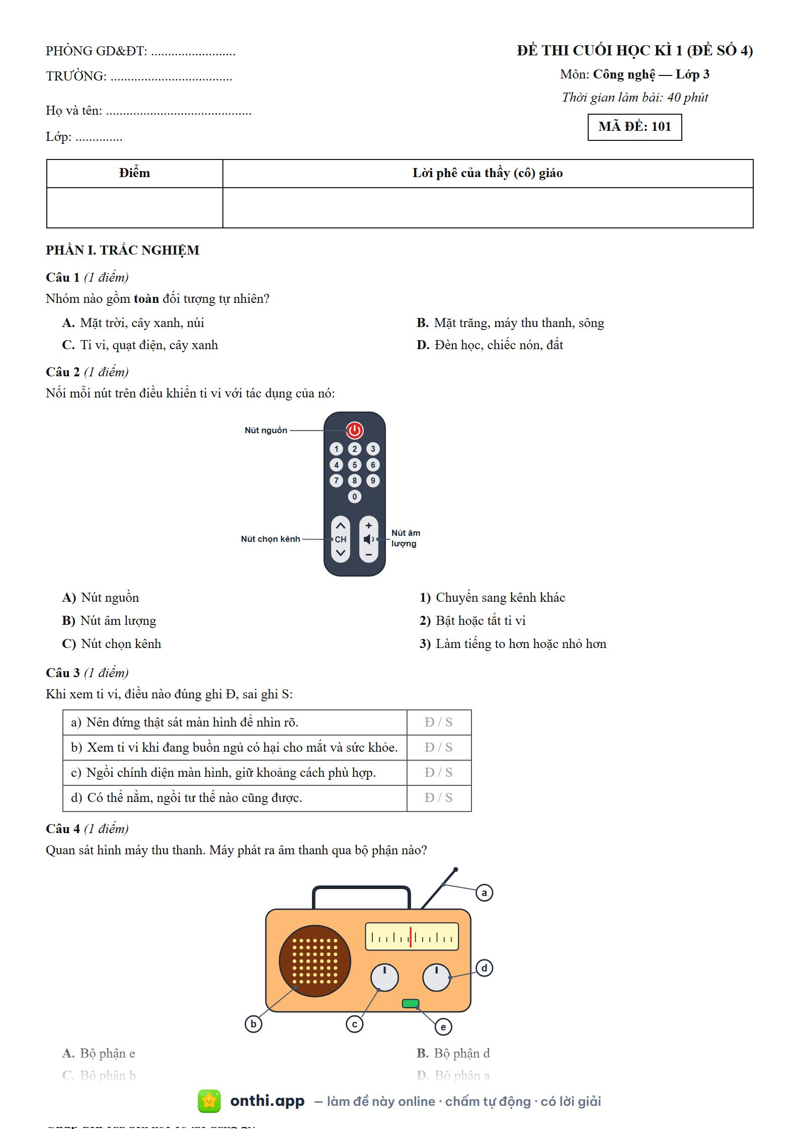 Đề thi cuối học kì 1 (đề số 4) môn Công nghệ Lớp 3 - tờ đề bản in trang 1, có đáp án và lời giải chi tiết