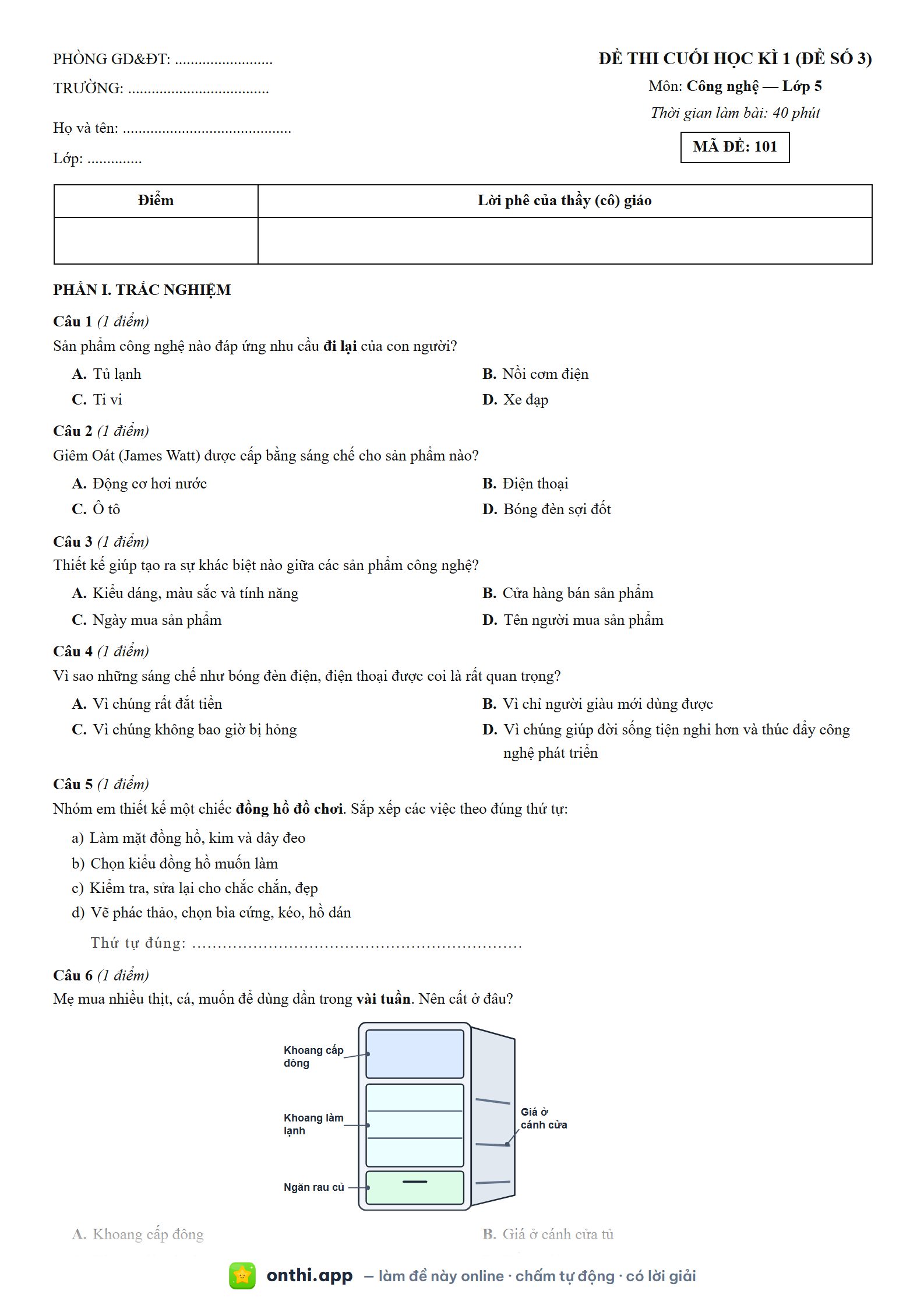 Đề thi cuối học kì 1 (đề số 3) môn Công nghệ Lớp 5 - tờ đề bản in trang 1, có đáp án và lời giải chi tiết