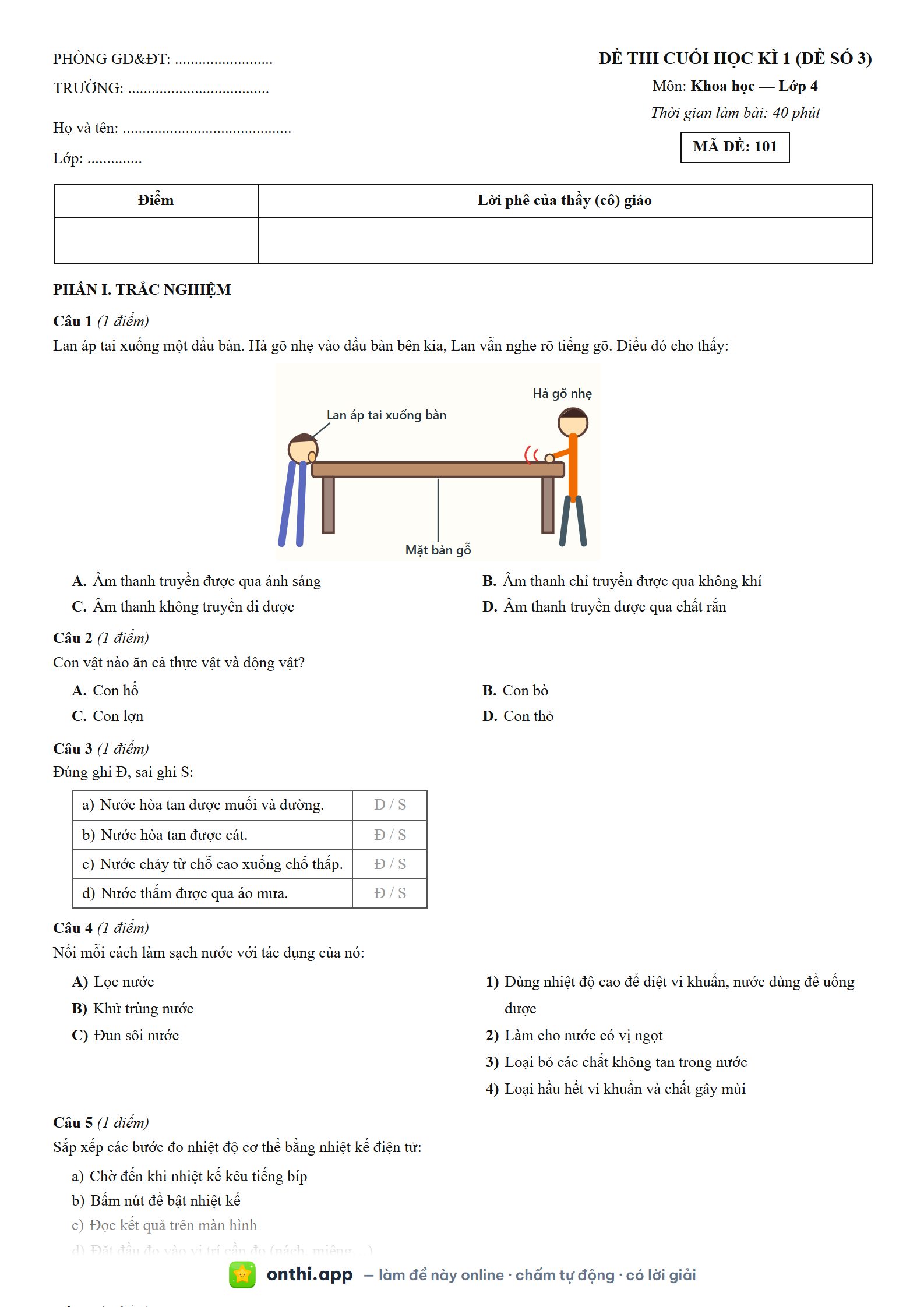 Đề thi cuối học kì 1 (đề số 3) môn Khoa học Lớp 4 - tờ đề bản in trang 1, có đáp án và lời giải chi tiết