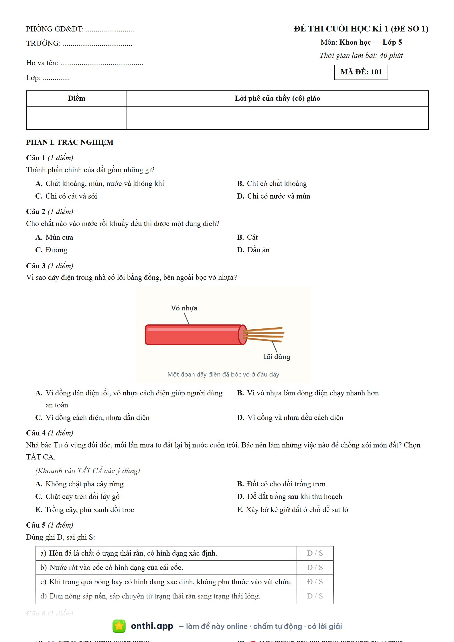Đề thi cuối học kì 1 (đề số 1) môn Khoa học Lớp 5 - tờ đề bản in trang 1, có đáp án và lời giải chi tiết
