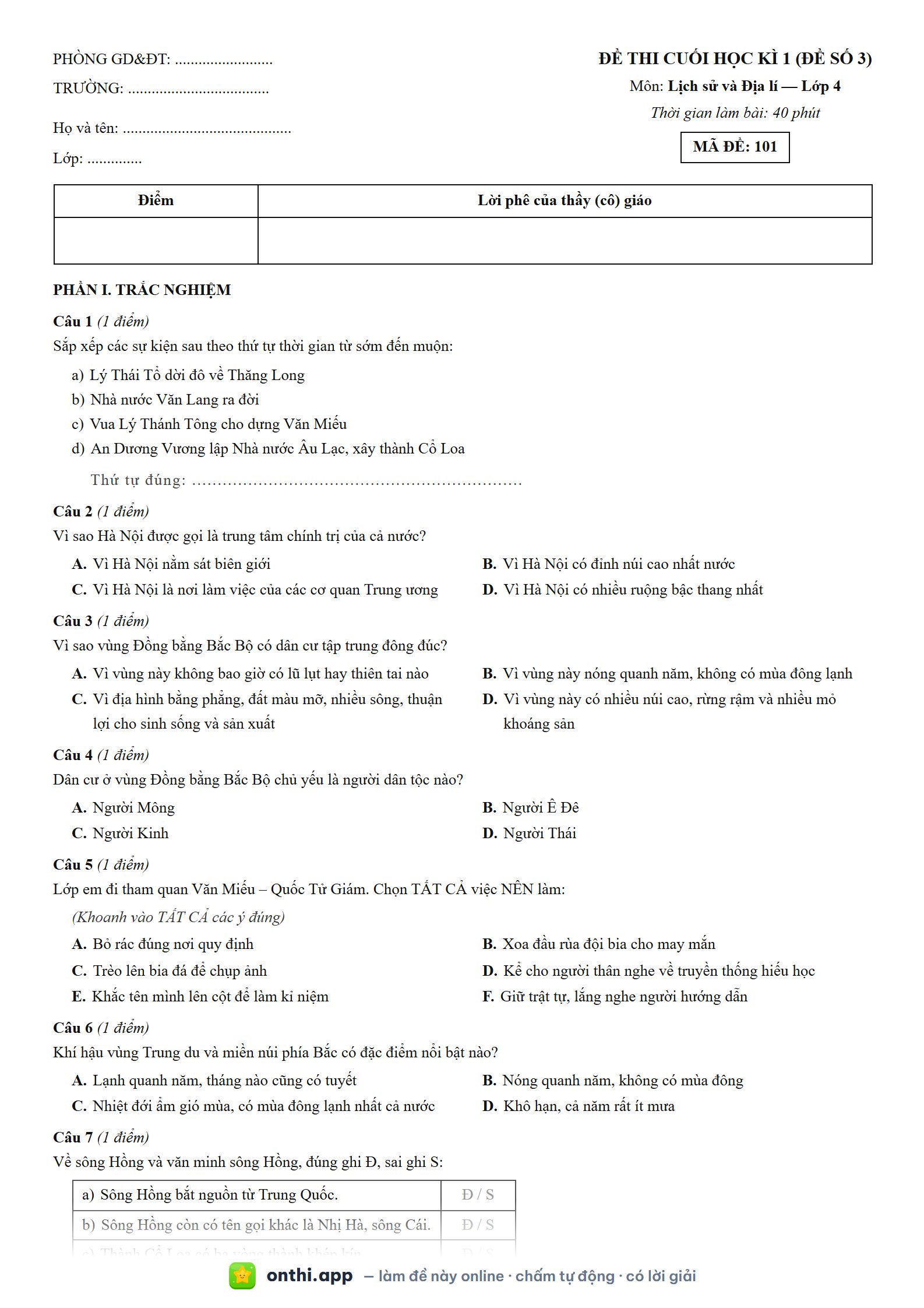 Đề thi cuối học kì 1 (đề số 3) môn Lịch sử và Địa lí Lớp 4 - tờ đề bản in trang 1, có đáp án và lời giải chi tiết