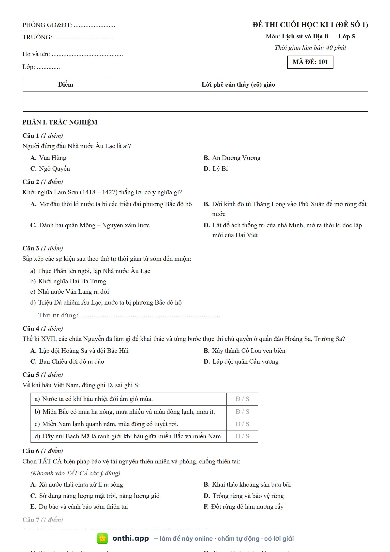 Đề thi cuối học kì 1 (đề số 1) môn Lịch sử và Địa lí Lớp 5 - tờ đề bản in trang 1, có đáp án và lời giải chi tiết