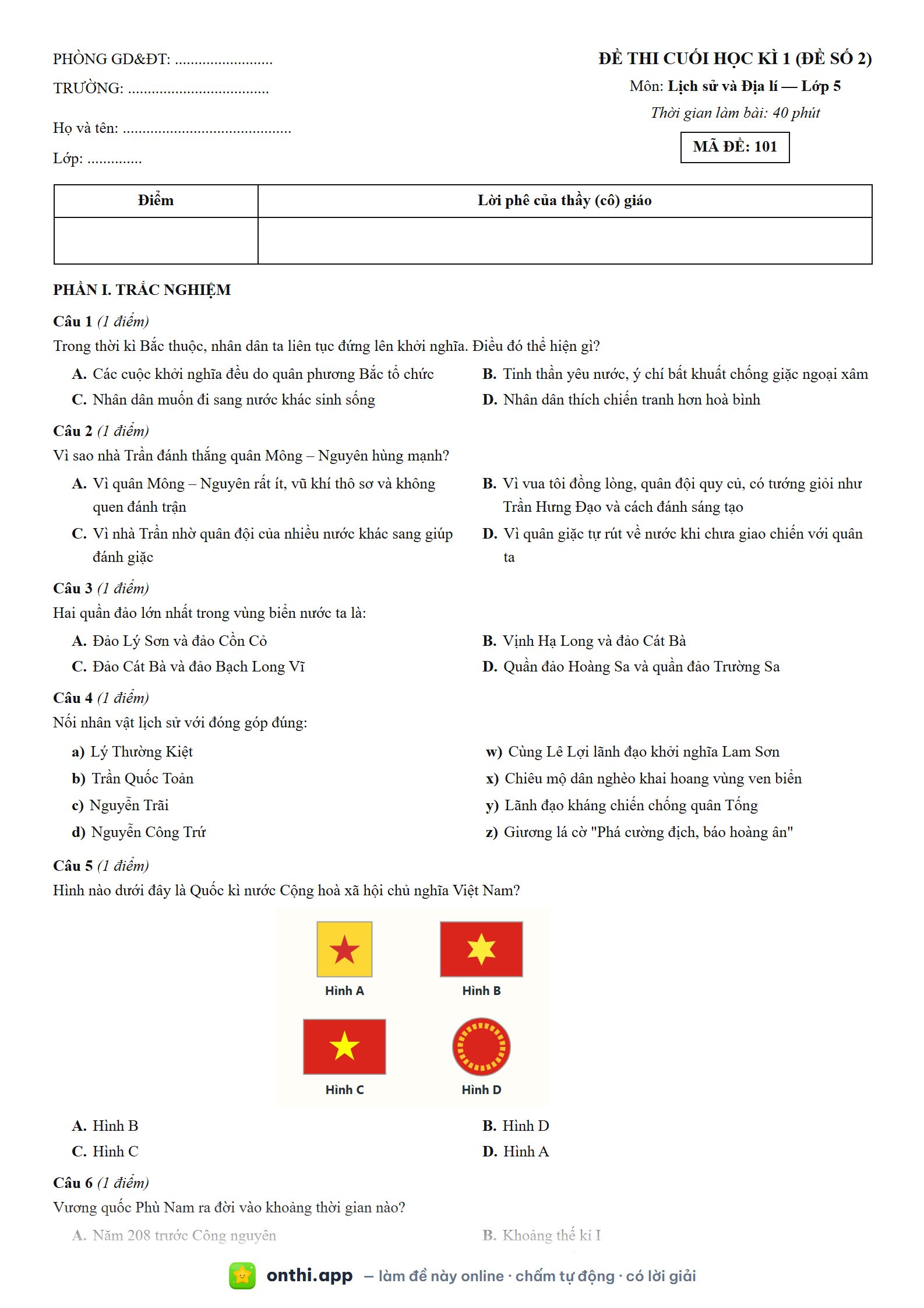 Đề thi cuối học kì 1 (đề số 2) môn Lịch sử và Địa lí Lớp 5 - tờ đề bản in trang 1, có đáp án và lời giải chi tiết