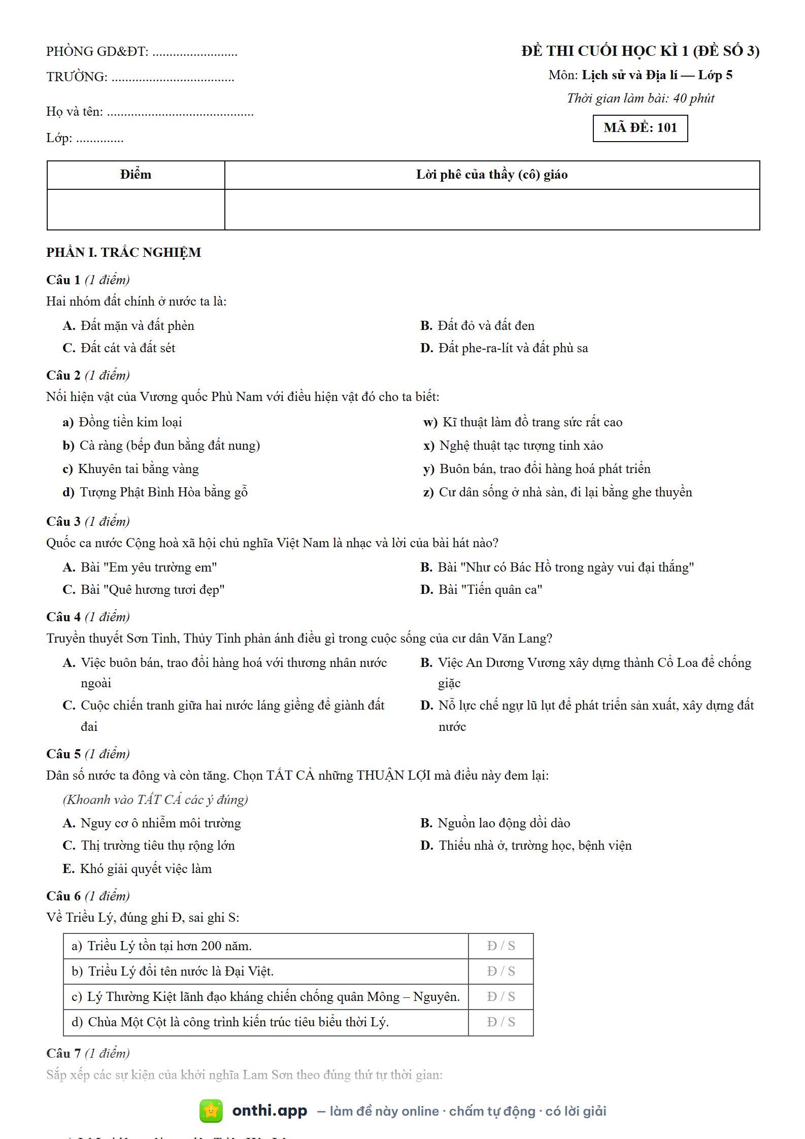 Đề thi cuối học kì 1 (đề số 3) môn Lịch sử và Địa lí Lớp 5 - tờ đề bản in trang 1, có đáp án và lời giải chi tiết