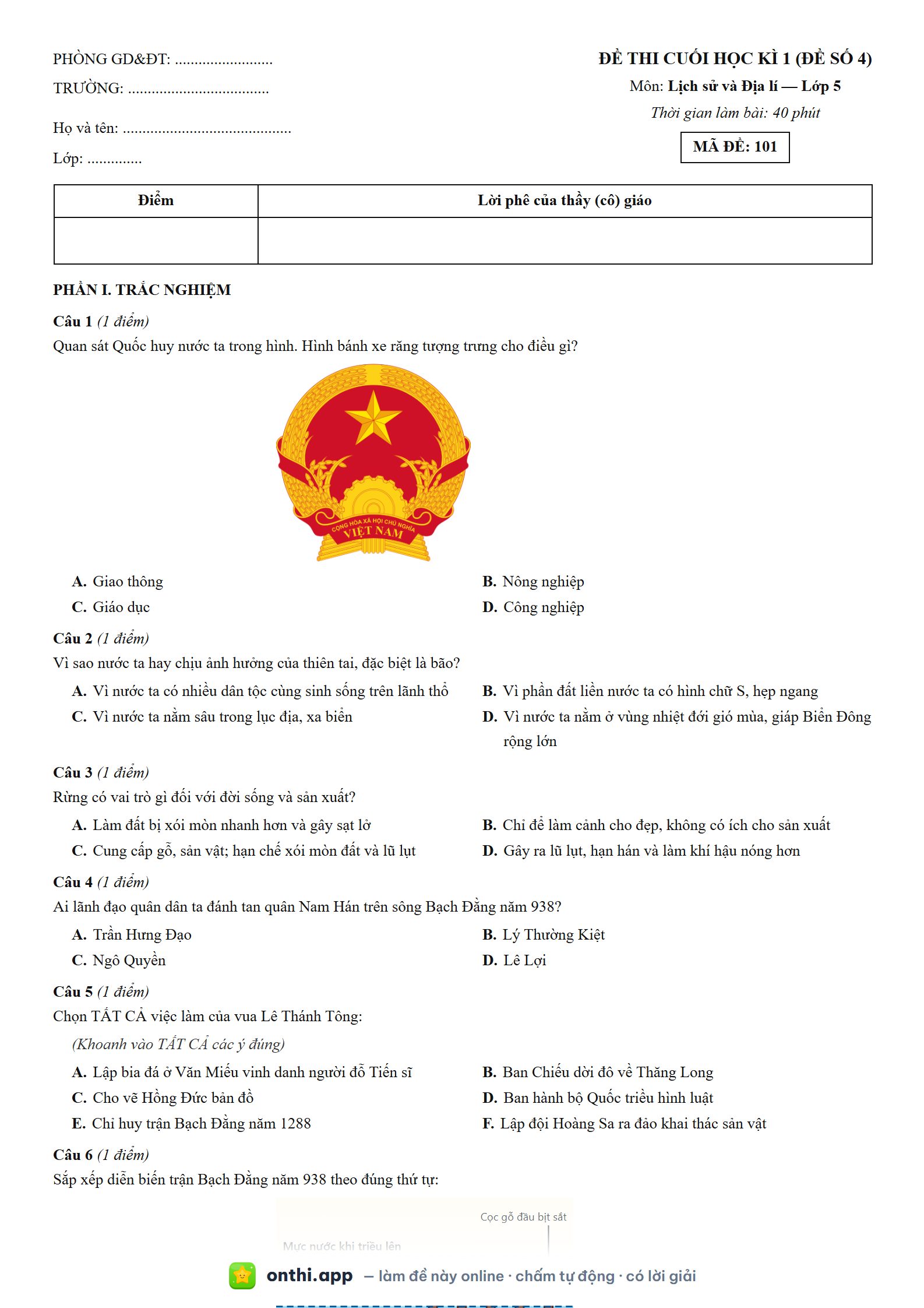 Đề thi cuối học kì 1 (đề số 4) môn Lịch sử và Địa lí Lớp 5 - tờ đề bản in trang 1, có đáp án và lời giải chi tiết