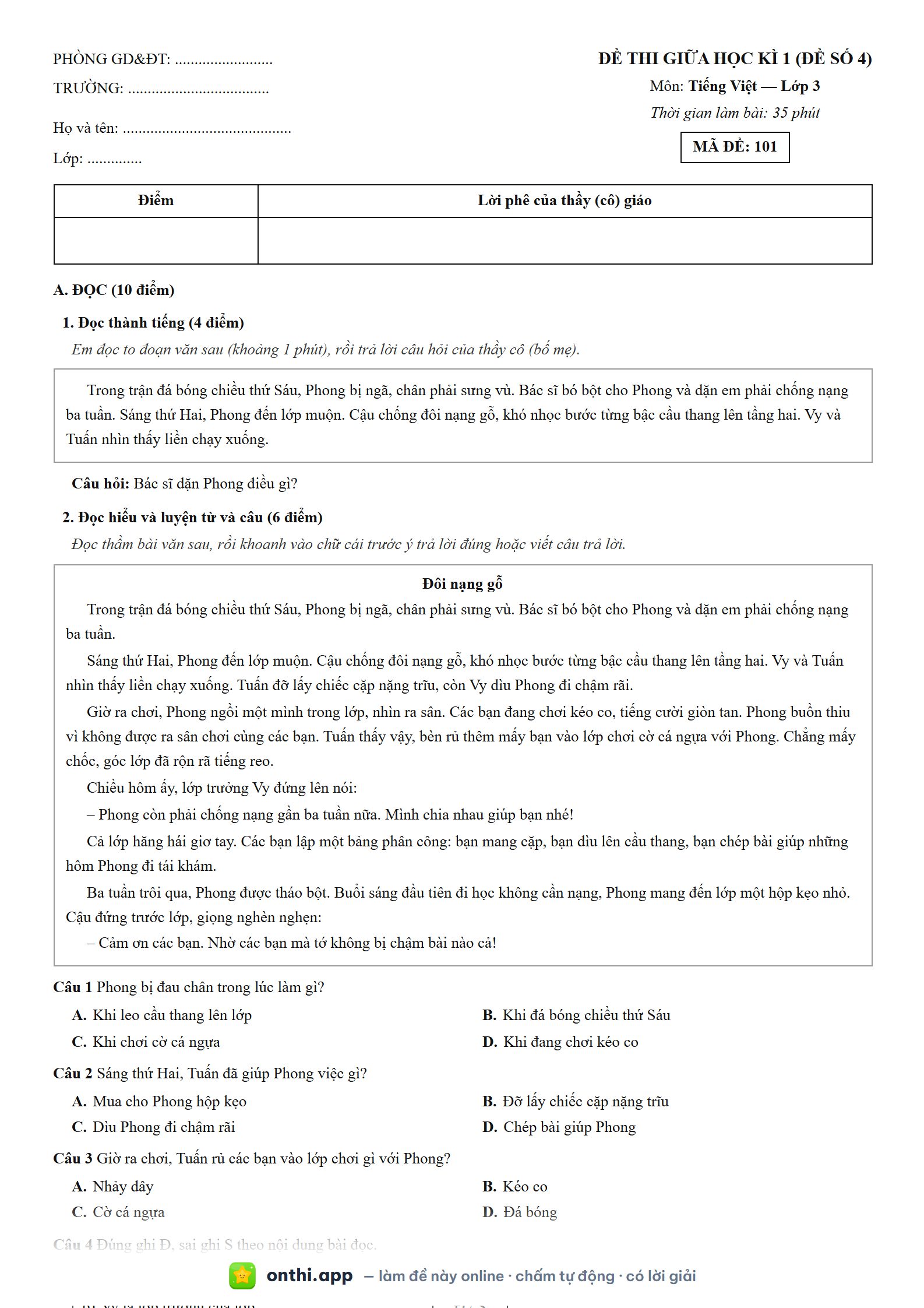 Đề thi giữa học kì 1 (đề số 4) môn Tiếng Việt Lớp 3 - tờ đề bản in trang 1, có đáp án và lời giải chi tiết