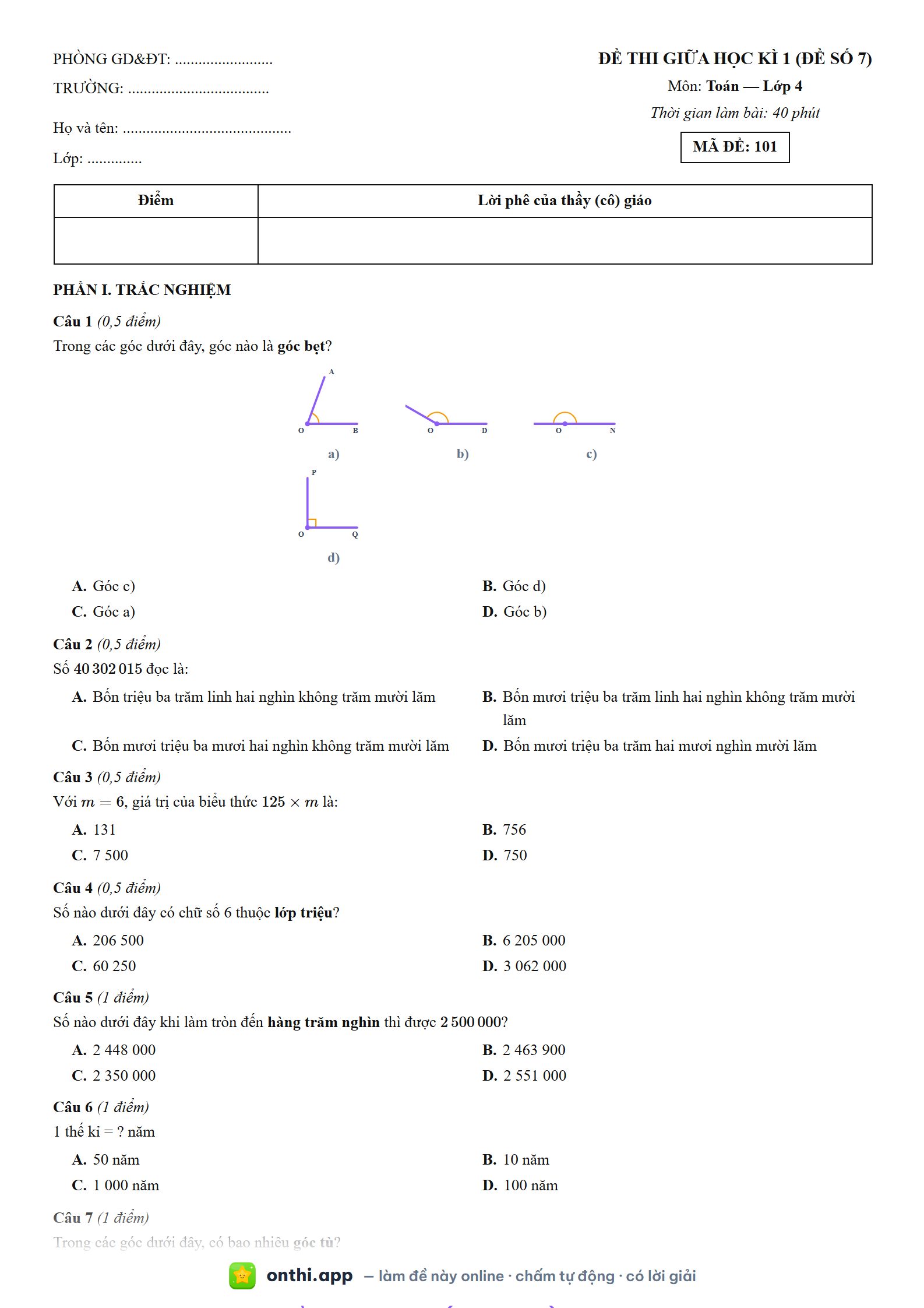 Đề thi giữa học kì 1 (Đề số 7) môn Toán Lớp 4 - tờ đề bản in trang 1, có đáp án và lời giải chi tiết