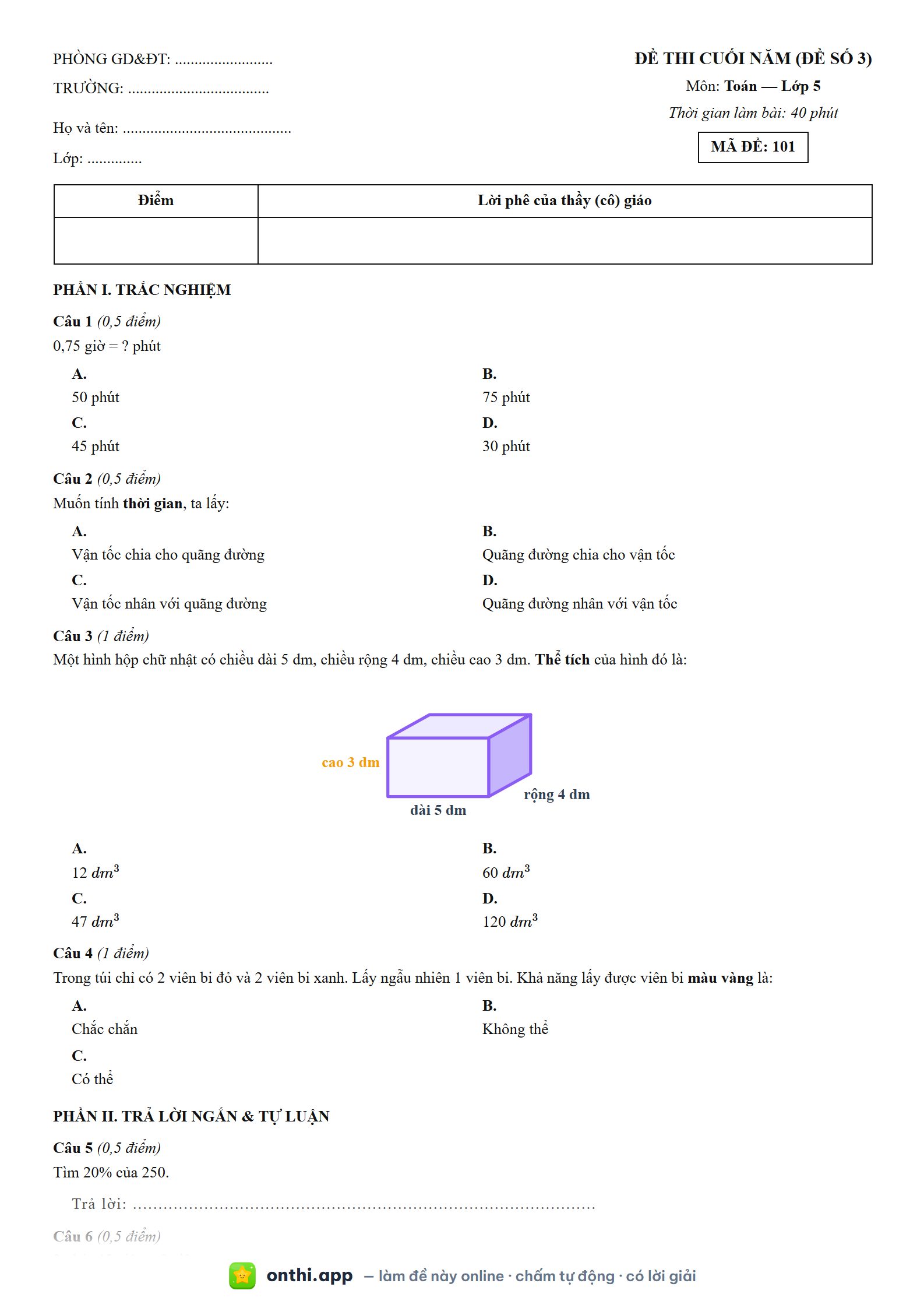 Đề thi cuối năm (Đề số 3) môn Toán Lớp 5 - tờ đề bản in trang 1, có đáp án và lời giải chi tiết