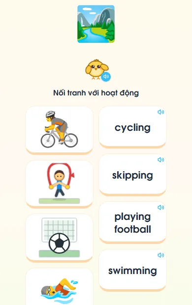 Màn «Nối tranh với câu» trong bài 1 Tiếng Anh lớp 4